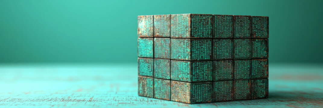 A 3D code cube with lines of Python text on each face,