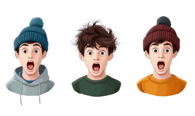Fototapeta premium Three boys with surprised expressions wearing colorful beanies and sweatshirts indoors