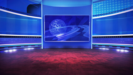 TV news, virtual studio background. Perfect also for online shows, commercials or live events. Modern 3D rendering backdrop suitable on VR system stage sets, with green screen