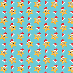 Funny, cheerful pattern with the image of a star and Santa's hat, Christmas pattern for printing on fabric and paper