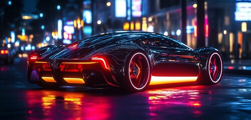 Sleek Car with Bright Neon Underglow Lighting Up the Night