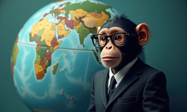Monkey wearing glasses and suit is standing in front of globe. The monkey is wearing tie and he is businessman. Concept of humor and playfulness, as the monkey is dressed in formal attire - Powered by Adobe