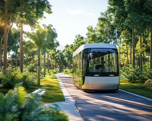 Obraz premium Seamless Travel Networks capturing an autonomous shuttle bus operating on a sunny, eco-friendly campus with green pathways.