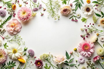 Delicate and intricate floral pattern created using real flowers and greenery on a plain white background, stems, botanical print, greenery