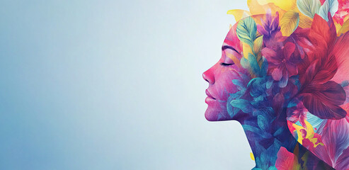 Female profile made of colorful flowers and plants