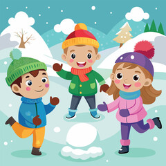 Fototapeta premium Kids Playing with Snowballs Vector Illustration