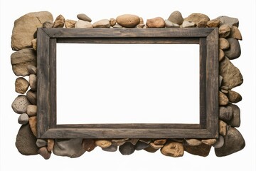 Rustic Stone Frame: A rough-hewn wooden frame encircled by a natural mosaic of stones, presenting an empty space, invites creativity and personalization