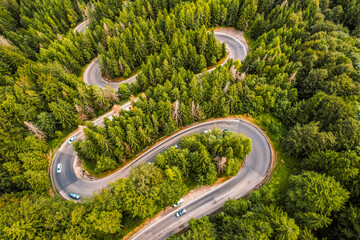 Cheia road Brasov. Aerial view of a serpent mountains road Romania, in the heart of Transylvania