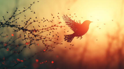 Rusty iron wires transforming into abstract bird shapes, flying toward the horizon,