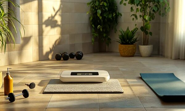 Modern Home Gym Setup Featuring Weights, Yoga Mat, Digital Scale, and Lush Greenery for a Healthy Lifestyle in a Bright, Inviting Interior Space