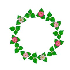 Hand drawn illustration of a green wreath made up of watercolor bright leaves and beautiful flowers on a white background. Perfect for designing cards, invitations, posters or holiday decor.