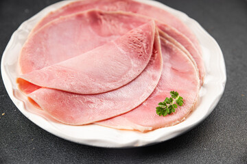 Ham slice pork meat fresh tasty food dish delicious gourmet food background on the table rustic food top view copy space