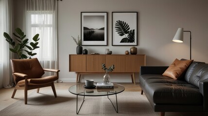 Modern living room with mid-century furniture, leather sofa, armchair, and artwork.