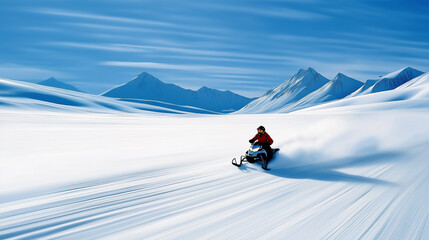 A snowmobiler speeding across a wide snowy field, leaving behind a cloud of snow. The scene captures the thrill and adventure of winter sports, with a backdrop of distant mountains
