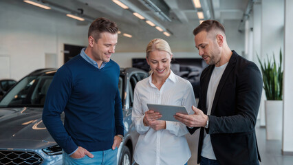 Sales team consulting with a customer at a car dealership