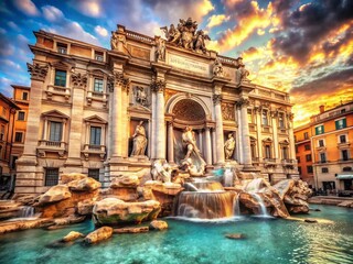 Fototapeta premium Vintage Style Photography of the Iconic Fontana di Trevi, Capturing the Timeless Beauty and Architectural Grandeur of Rome's Most Famous Fountain in Soft, Warm Tones