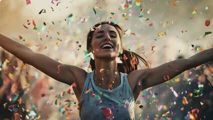 Joyful Young Marathon Runner Woman Reaching Finish Line Covered in Colorful Confetti Celebration Triumph new beautiful stock video footage animation AI - Powered by Adobe