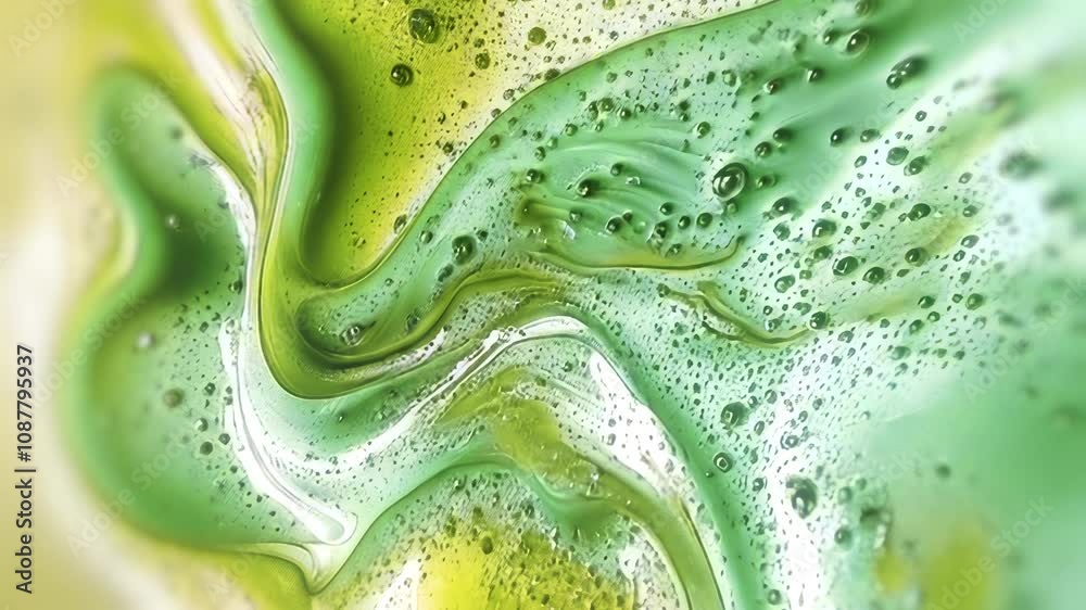 Aufkleber Wavy streams of yellow-blue liquid in digital animation, decorated with bubbles and foam. Small glowing elements and fluid lines add a sense of density, dynamism and layering