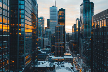 Obraz premium Sunset over bustling cityscape with tall skyscrapers