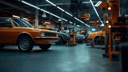 Fototapeta premium Inside view of an automotive workshop with several vehicles and machinery under fluorescent lighting