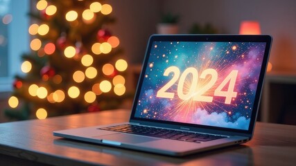2024 on laptop monitor screen, festive New Year background. Bokeh, Christmas tree, blurred background, fireworks.