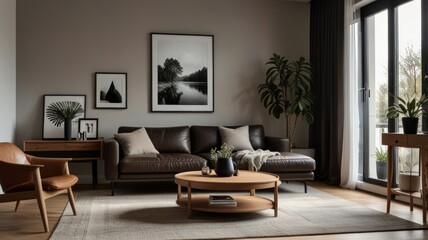 Modern living room with leather sofa, wooden coffee table, and large window.