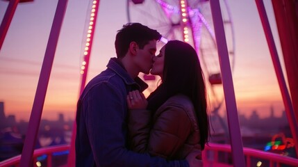 Obraz premium A couple sharing a romantic kiss at the top of a Ferris wheel during twilight, surrounded by glowing carnival lights, with a city skyline and vibrant pink and purple hues in the background