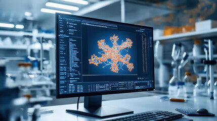 Fototapeta premium Computer screen displaying complex network analysis in a modern laboratory setting with scientific equipment and blurred background.