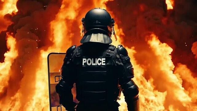 A lone police officer in riot gear faces a large fire