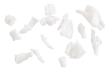 Fresh coconut flakes on white background, top view. Close-up