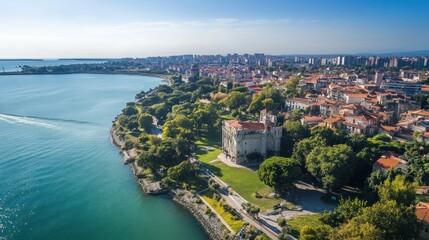 Fototapeta premium Aerial View of Coastal City with Castle and Lush Greenery