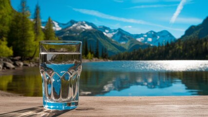 Refreshing View: A clear glass of pure water sits on a wooden surface with a captivating lake and mountain range backdrop, blending refreshment and natural beauty.