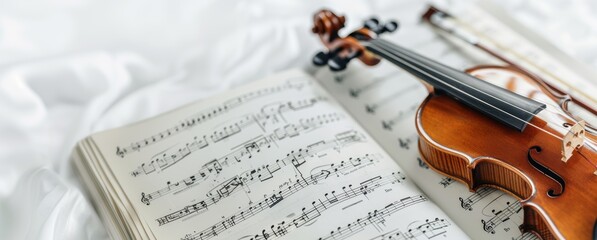 Fototapeta premium Close-up of a violin resting on sheet music, creating a serene musical atmosphere.