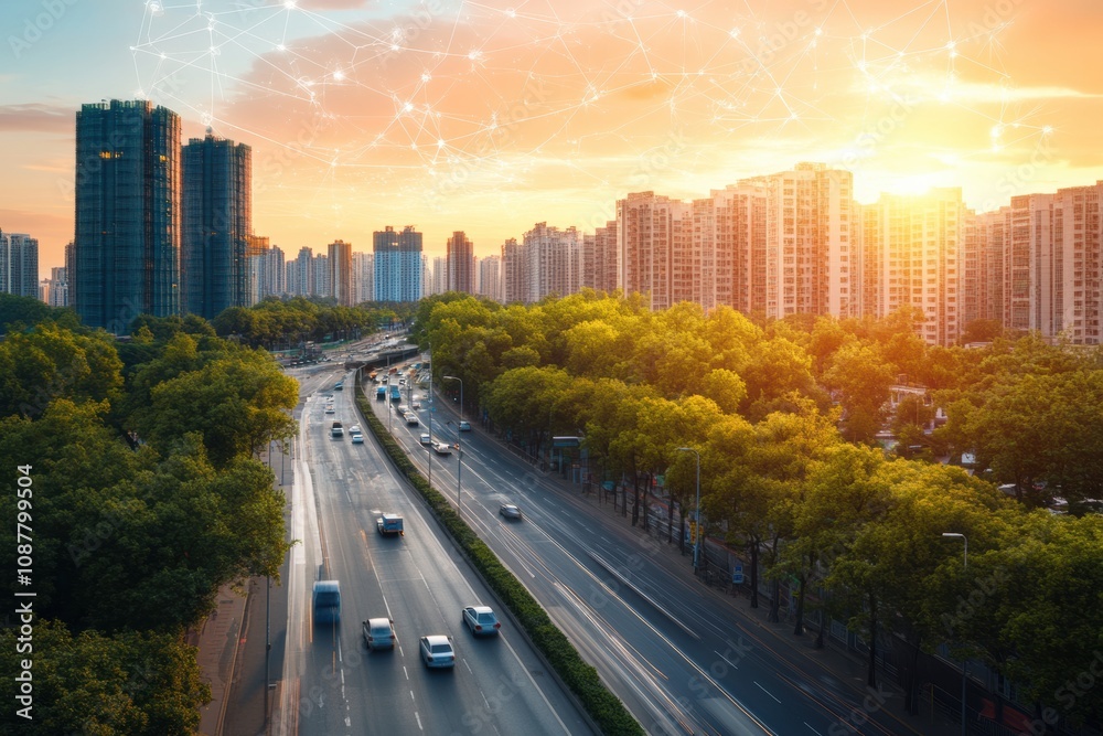Leinwandbilder the smart city showcases modern architecture with buildings connected by an advanced ai network, thr