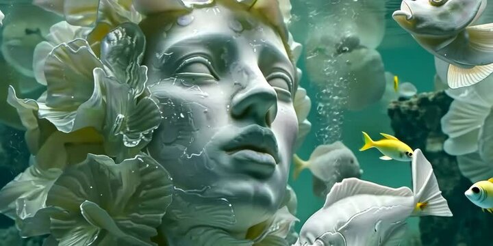 Underwater art installation with sculptures attracting fish, 4K Video