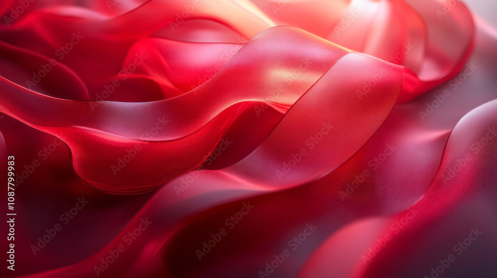 Poster floating red translucent panels arranged in a spiral-like formation,