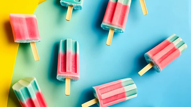 Colorful pink and blue popsicles on a vibrant blue background, top view flat lay composition 4K Video