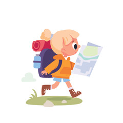 Vector girl scout young tourist traveling kid walking with travel bag backpacks and map, walking by route on vacation trip. Traveler collection. Hiker traveler  Tourism concept.