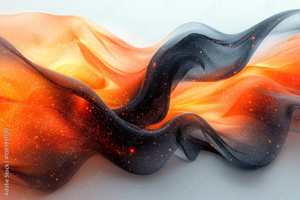 Poster A surreal interplay of flowing black and orange ribbons with subtle glowing textures, creating a fluid motion effect,