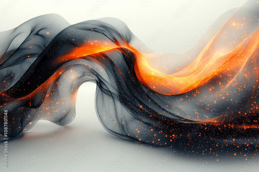 Poster a surreal interplay of flowing black and orange ribbons with subtle glowing textures, creating a flu