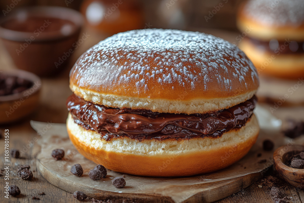 Poster a simple kã¼rtå‘sh dusted with powdered sugar and filled with rich nutella,