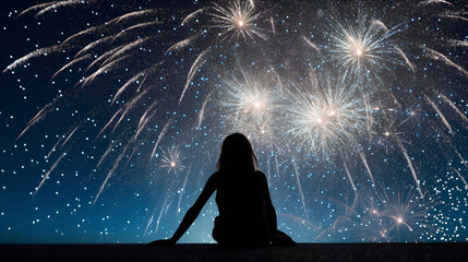 Silhouette of a girl in the night sky with bright fireworks. Atmospheric image for holidays, romantic moments. Content for social networks, thematic blogs, postcards, congratulations, posters, 