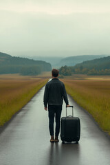 Man walking on a lonely road with a suitcase during a cloudy day in the countryside