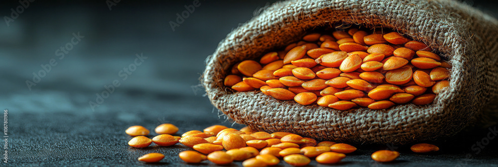 Poster a minimalist composition of a sack with pumpkin seeds flowing gracefully onto a smooth gray backdrop