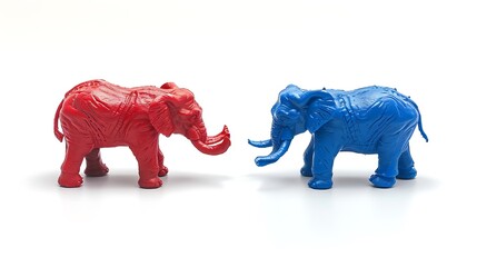 Obraz premium Two toy elephants, one red and one blue, facing each other against a white background.