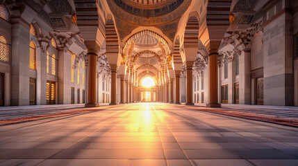 Obraz premium Golden light shines through the arches of a stunning mosque at sunset time. Generative AI
