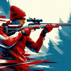 watercolor image of a man in a red jacket and hat aiming a rifle