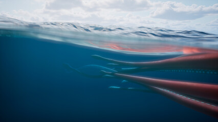Giant deep sea squid swims underwater