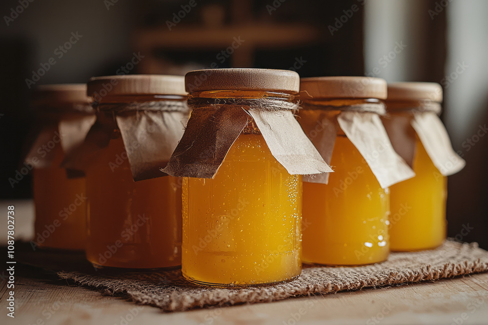 Poster a small stack of neatly labeled jars filled with sea buckthorn preserves,