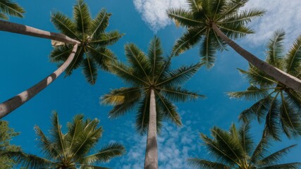 Fototapeta premium Tropical Canopy: A unique perspective gazing upwards through the vibrant green fronds of tall palm trees, set against a backdrop of a clear blue sky. 